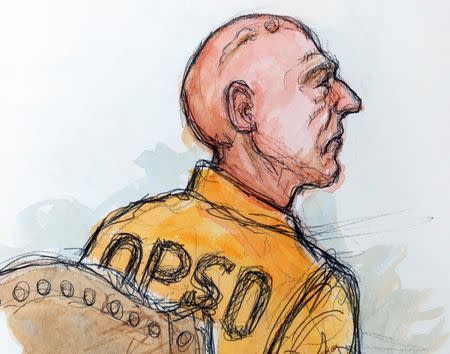 Murder suspect Robert Durst is seen with a newly shaved head as he sits in a hearing in this court sketch in New Orleans, Louisiana March 23, 2015. REUTERS/Tony O. Champagne