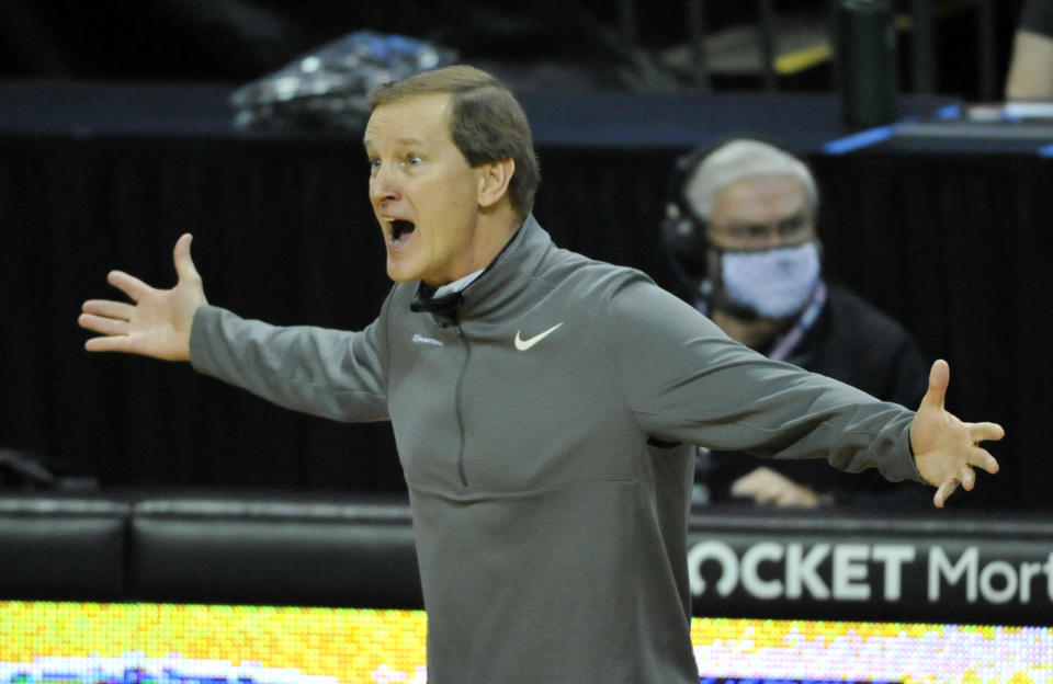 Oregon head coach Dana Altman reacts to a call during the first half of an NCAA college basketball game against Stanford, Saturday, Jan. 2, 2021 in Eugene, Ore. Oregon won the game 73-56. (AP Photo/Andy Nelson)