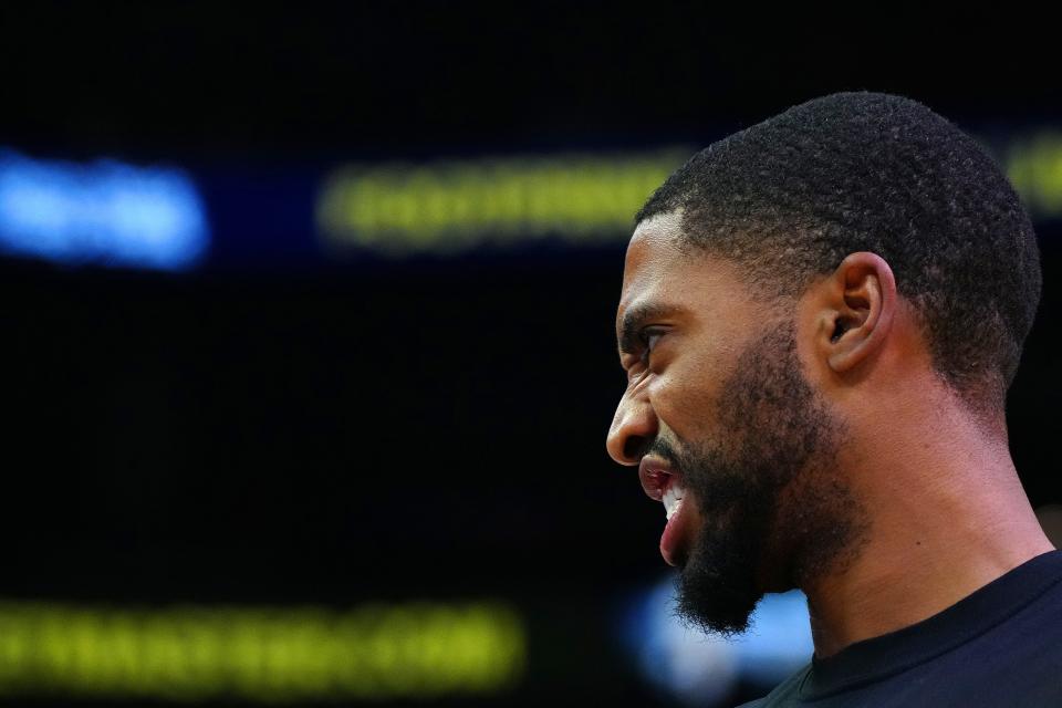 May 4, 2022; Phoenix, Arizona; USA; Suns' Mikal Bridges (25) warms up prior to Game 2 in the second round of the Western Conference Playoffs against the Mavericks.