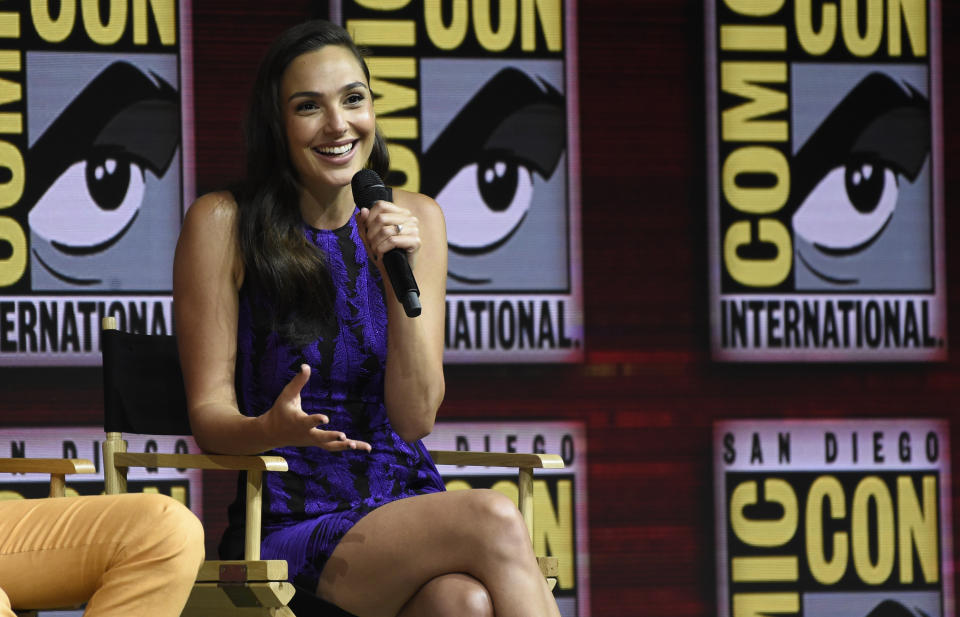 Gal Gadot speaks at the Warner Bros. Theatrical panel for "Wonder Woman 1984" on day three of Comic-Con International on Saturday, July 21, 2018, in San Diego. (Photo by Chris Pizzello/Invision/AP)
