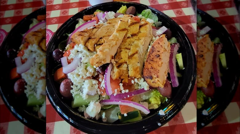 Greek chicken salad in bowl