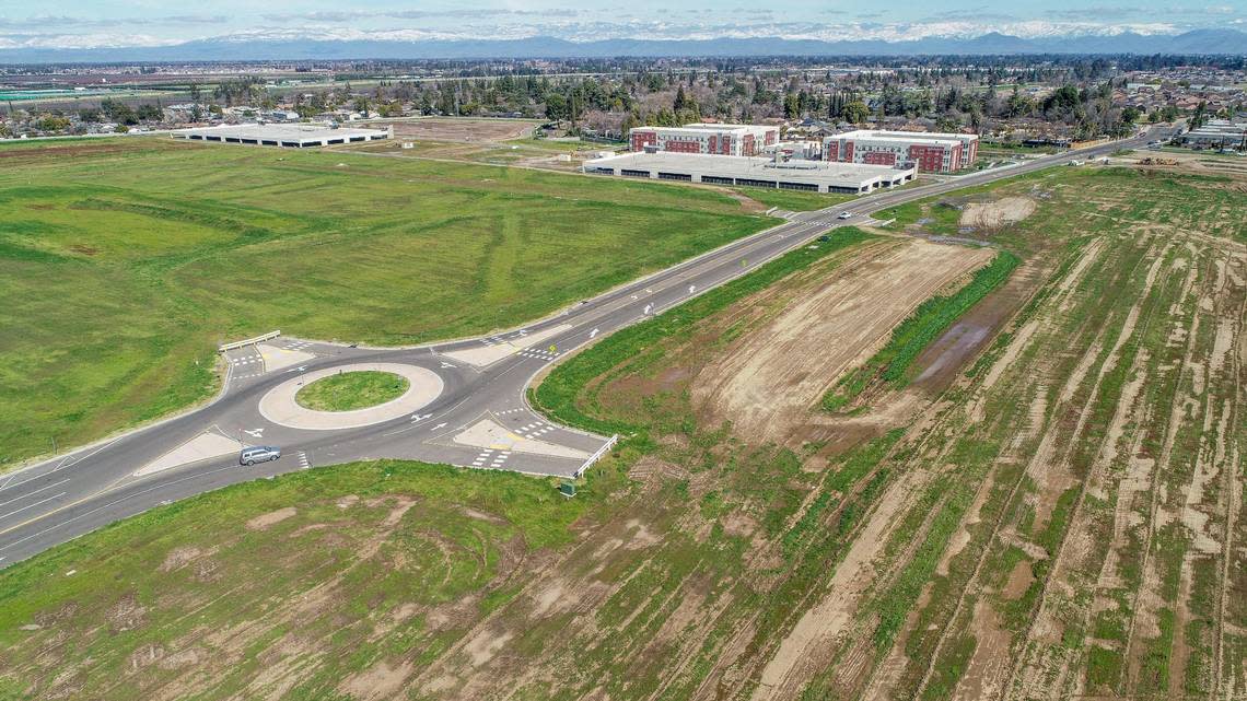 The future site of the Fancher Creek Town Center faces Clovis Avenue north of Kings Canyon Road in southeast Fresno on Thursday, March 2, 2023. So far, Sprouts is one of the expected tenants.