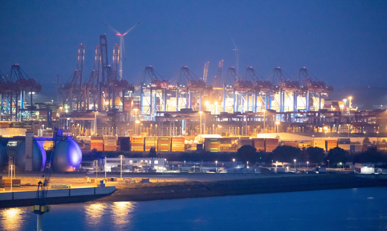 17 August 2020, Hamburg: Panoramic view over the river Elbe to the container gantry cranes of different terminals in the harbour of Hamburg. The Annual General Meeting of Hamburger Hafen und Logistik AG (HHLA) will take place on 20.08.2020. Photo: Christian Charisius/dpa (Photo by Christian Charisius/picture alliance via Getty Images)