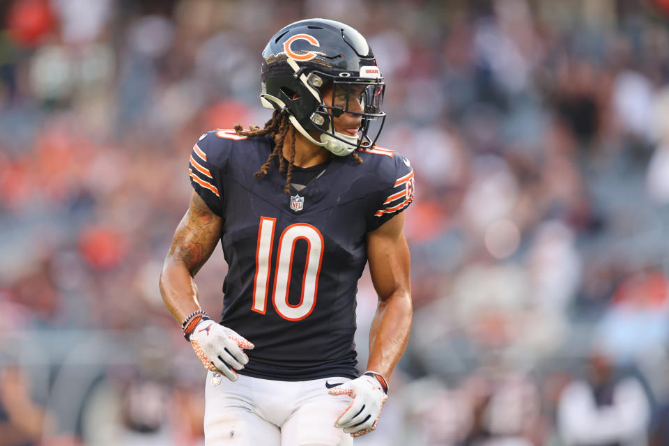 CHICAGO, ILLINOIS - SEPTEMBER 10: Chase Claypool #10 of the Chicago Bears looks on against the Green Bay Packers during the fourth quarter at Soldier Field on September 10, 2023 in Chicago, Illinois. (Photo by Michael Reaves/Getty Images)