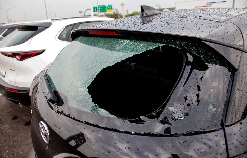 Storm damage to cars at Nelson Mazda in Norman, Okla on Thursday, April 29, 2021, after a hail storm hit the area Wednesday evening.. 