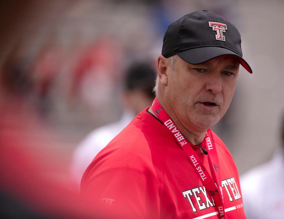 Texas Tech's head coach Joey McGuire speaks to the team after Spring Game, Saturday, April 22, 2023, at Lowrey Field at PlainsCapital Park. 