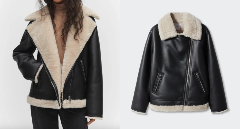 split screen of woman wearing black leather jacket, Faux shearling-lined jacket (photo via Mango)