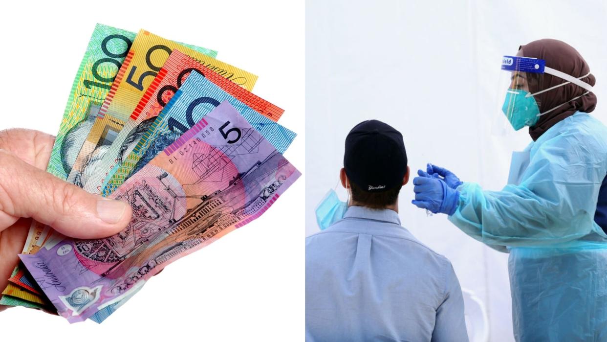 Australian cash payment, person being tested for Covid-19 in white room by nurse in PPE