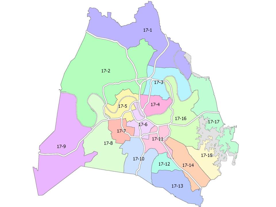 The Metro Nashville Planning Department released an initial draft map outlining the boundaries of 17 Metro Council districts on Friday, March 24, 2023. This council configuration would have three at-large members.