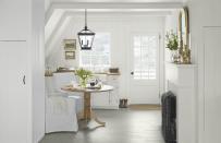 <p>A pretty soft gray paint on breakfast nook floors grounds white furnishings and walls. The floor is painted <a href="https://www.benjaminmoore.com/en-us/color-overview/find-your-color/color/hc-179/platinum-gray?color=HC-179" rel="nofollow noopener" target="_blank" data-ylk="slk:Platinum Gray by Benjamin Moore;elm:context_link;itc:0;sec:content-canvas" class="link ">Platinum Gray by Benjamin Moore</a>.</p>
