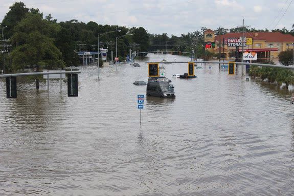 Cars stuck on flooded O'Neal Lane in Baton Rouge, Louisiana.