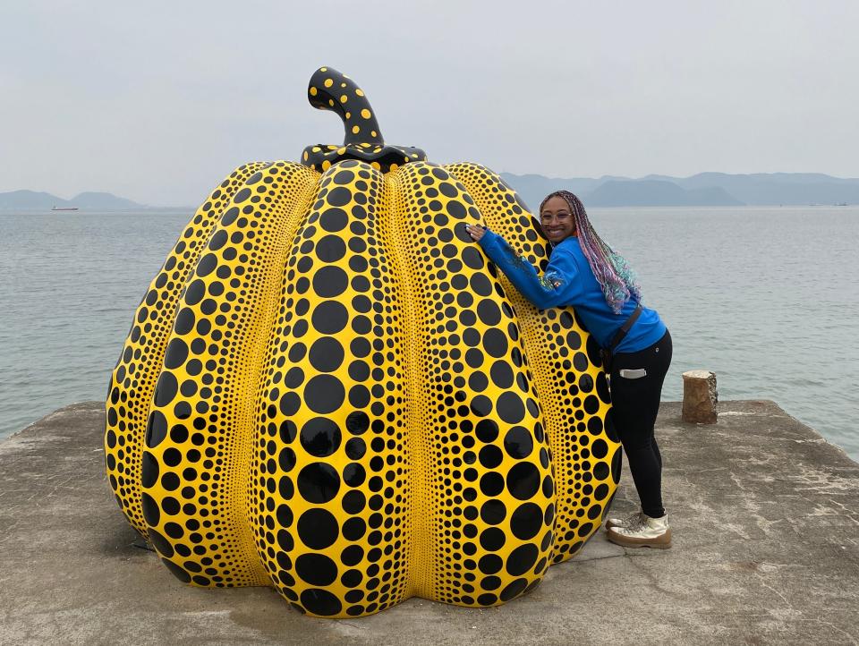 The "Yellow Pumpkin" sculpture by Yayoi Kusama, Naoshima, Japan, Kennedy Hill, "I Spent a Day Exploring One of Japan's Art Islands."