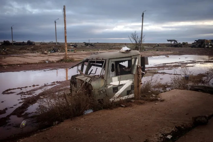 <div class="inline-image__caption"><p>Part of a destroyed Russian military vehicle is seen at a base used by Russian forces outside Kherson International Airport on Nov. 19, 2022 in Kherson, Ukraine.</p></div> <div class="inline-image__credit">Chris McGrath/Getty Images</div>