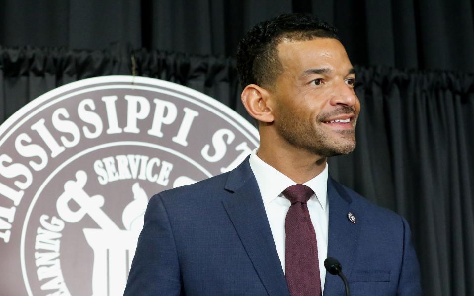 Zac Selmon, the new Mississippi State University Director of Athletics listens to a question from the media during the press conference introducing him to the MSU community Friday, Jan. 13, 2023 in Starkville, Miss.