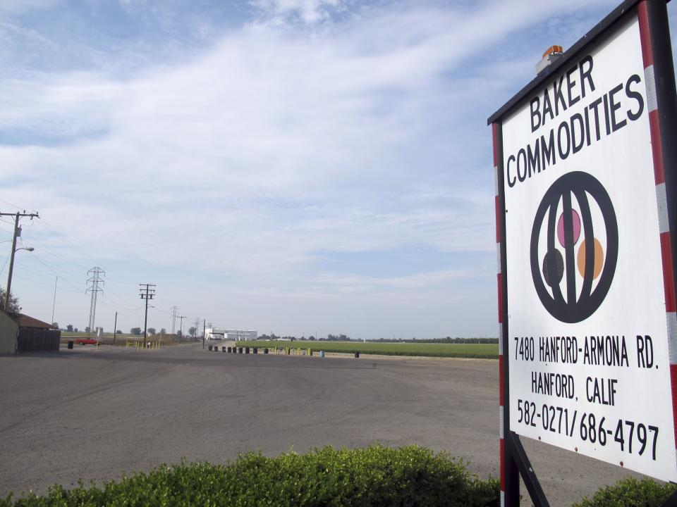 This Tuesday, April 24, 2012, photo shows an exterior view of Baker Commodities transfer station, where a cow with mad cow disease was discovered, in Hanford, Calif. The first new case of mad cow disease in the U.S. since 2006 has been discovered in a dairy cow in California, but health authorities said Tuesday the animal never was a threat to the nation's food supply. The infected cow, the fourth ever discovered in the U.S., was found as part of an Agriculture Department surveillance program that tests about 40,000 cows a year for the fatal brain disease. (AP Photo/ Gosia Wozniacka).