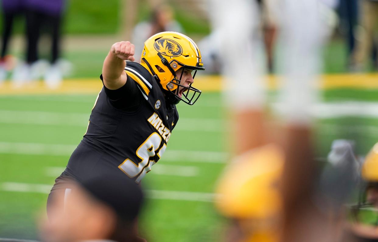 Sep 16, 2023; Columbia, Missouri, USA; Missouri Tigers place kicker Harrison Mevis (92) celebrates after kicking the game winning field goal as time expires in the second half against the Kansas State Wildcats at Faurot Field at Memorial Stadium.