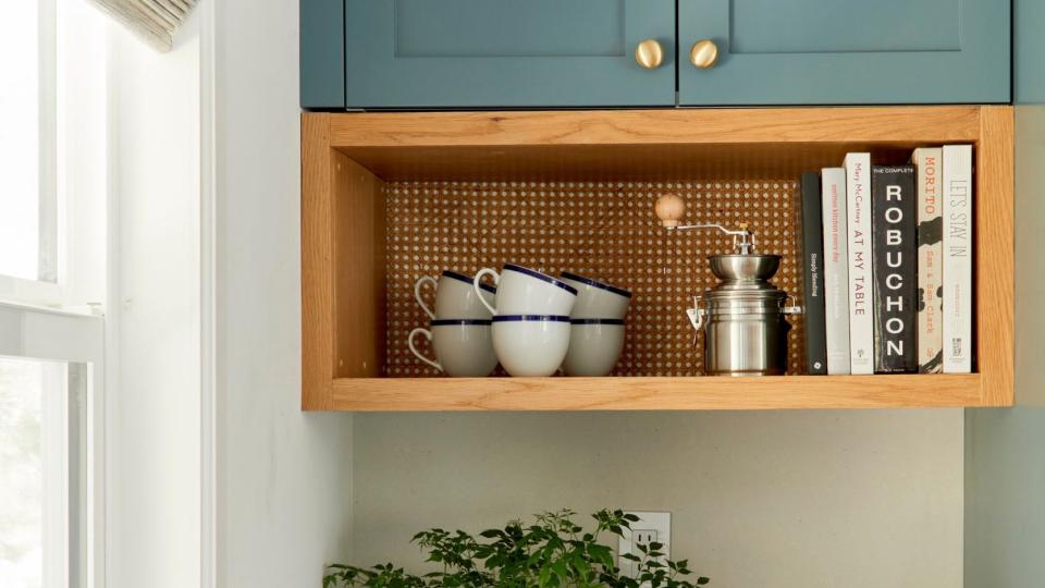 coffee bar idea, blue cabinets and open shelving