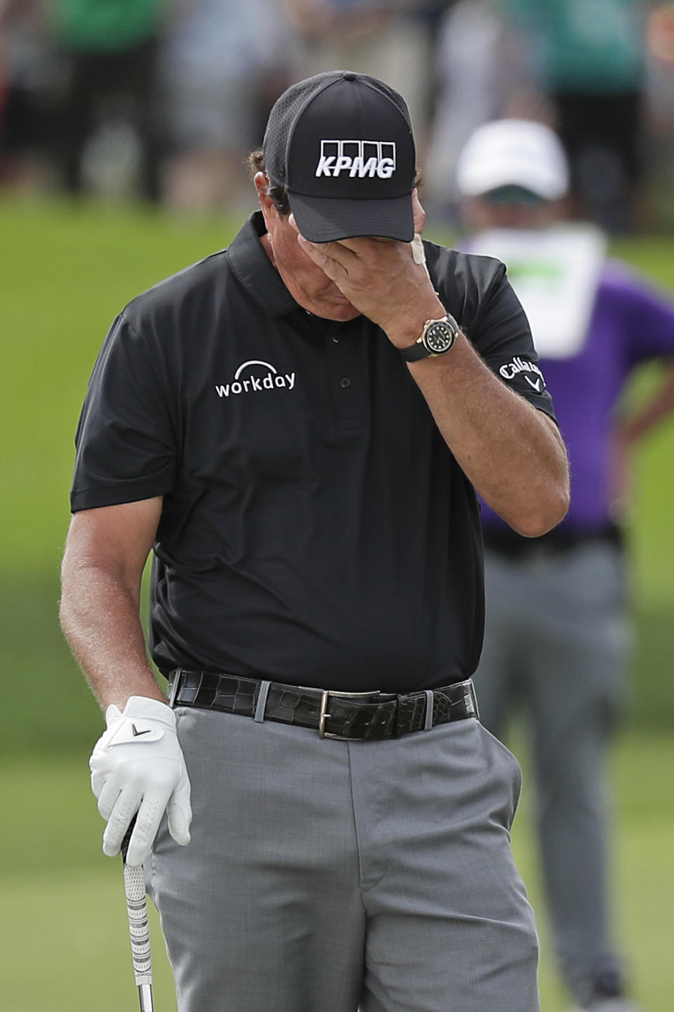 Phil Mickelson reacts to his shot on the first fairway during the second round of the Arnold Palmer Invitational golf tournament Friday, March 6, 2020, in Orlando, Fla. (AP Photo/John Raoux)