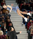 <p>Zhang Hao, bottom, and Yu Xiaoyu, of China, perform during the pairs free skate at the 2017 Bridgestone Skate America, Saturday, Nov. 25, 2017, in Lake Placid, N.Y. (AP Photo/Julie Jacobson) </p>