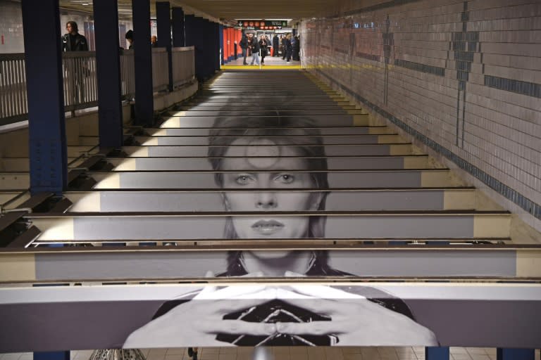 A David Bowie art installation is seen at the Broadway-Lafayette subway station on April 19, 2018 in New York City