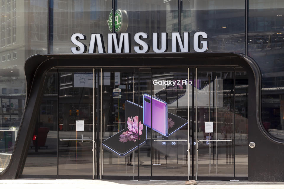 Toronto, Canada - May 16, 2020: Samsung store at Eaton Centre in Toronto, Canada. Samsung is a South Korean multinational conglomerate.