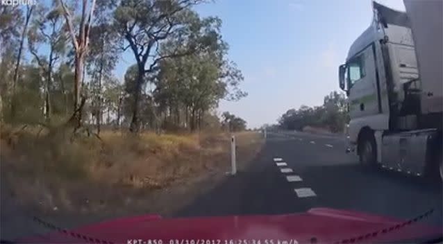 The truck came dangerously close to the car. Source: Facebook