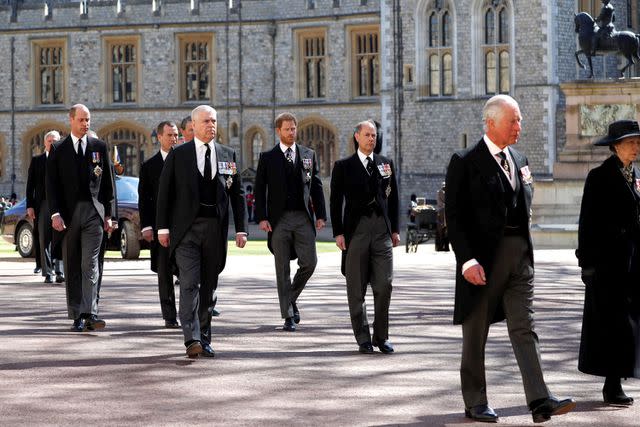 ALASTAIR GRANT/POOL/AFP via Getty Images Prince Charles (alongside Princess Anne) leads the funeral procession for Prince Philip, followed by Prince Edward, Prince William, Peter Phillips and Prince Harry
