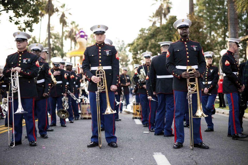 United States Marine Corps West Coast Composite Band wait for the 134th Rose Parade to begin in Pasadena, Calif., Monday, Jan. 2, 2023. (Sarah Reingewirtz/The Orange County Register via AP)