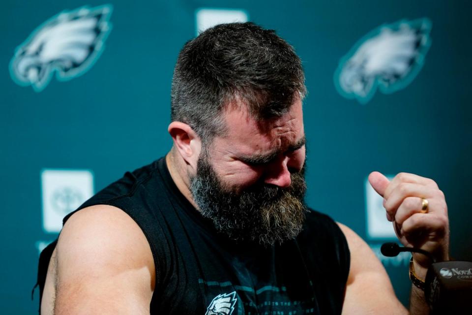 PHOTO: Philadelphia Eagles' Jason Kelce reacts during an NFL football press conference announcing his retirement in Philadelphia, March 4, 2024.  (Matt Rourke/AP)