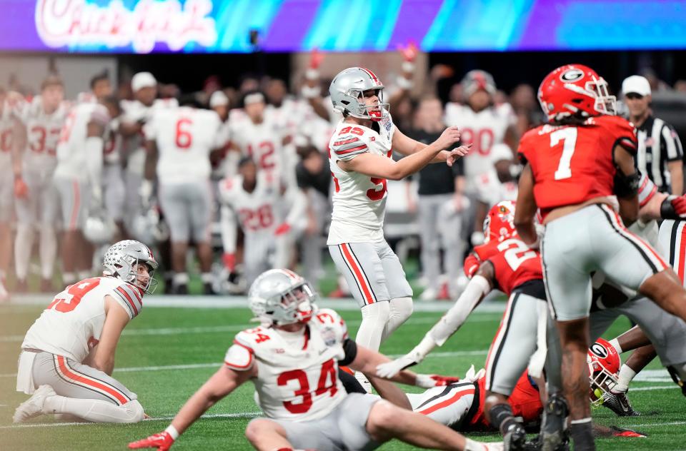 Dec 31, 2022; Atlanta, Georgia, USA; Ohio State Buckeyes place kicker Noah Ruggles (95) misses the game winning field goal against Georgia Bulldogs during the fourth quarter of the Peach Bowl in the College Football Playoff semifinal at Mercedes-Benz Stadium. 