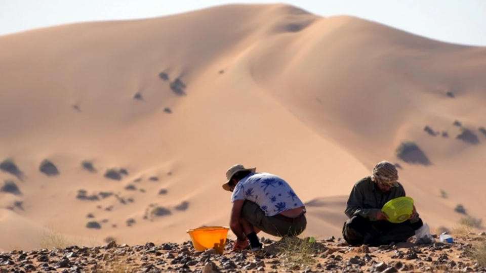 Two archaeologists excavate on the rocky ground with a sandy mountain in the background.