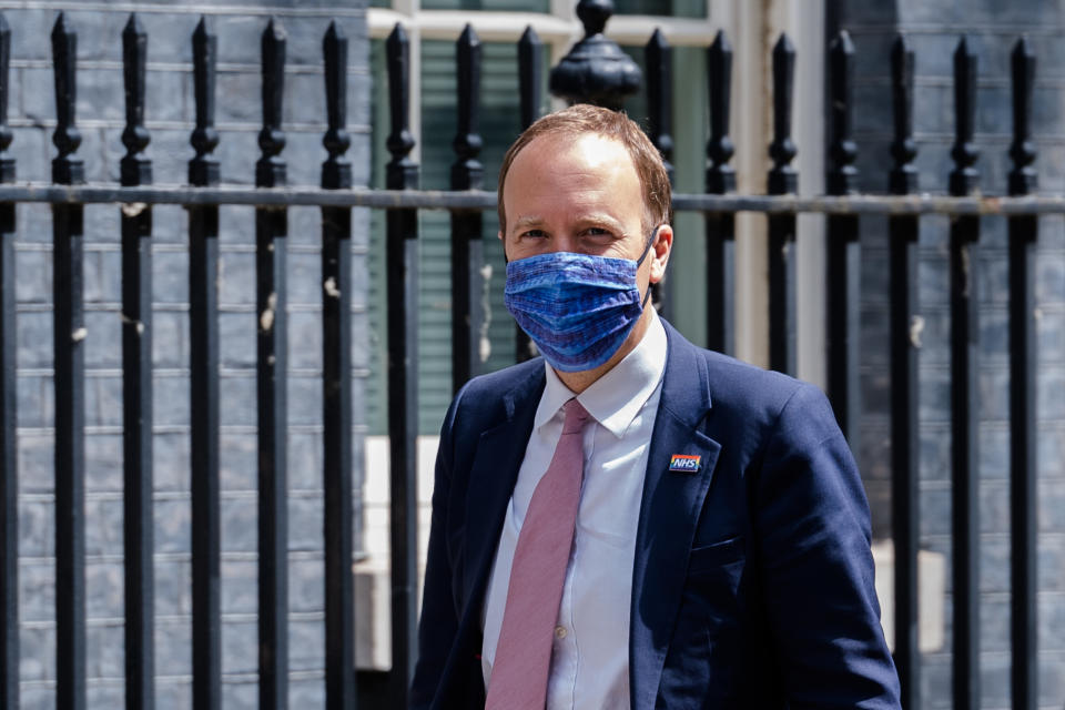 LONDON, UNITED KINGDOM - JUNE 15: Secretary of State for Health and Social Care Matt Hancock arrives in Downing Street in London, United Kingdom on June 15, 2021. (Photo credit should read Wiktor Szymanowicz/Barcroft Media via Getty Images)