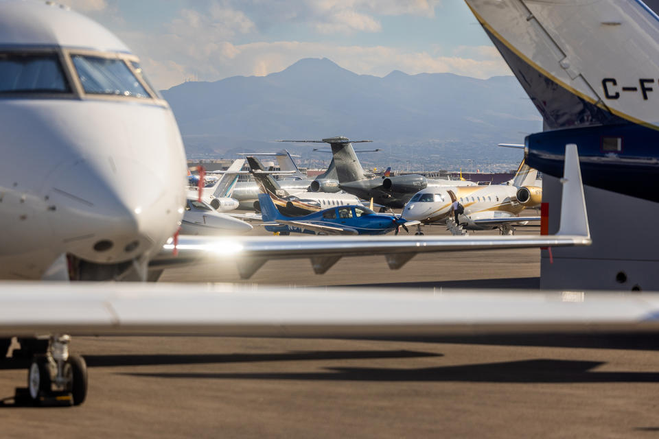 A view of private jets parked at Harry Reid airport before the Formula 1 Grand Prix practice and qualifying day on November 17, 2023 in Las Vegas, Nevada.