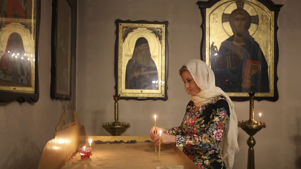 Sophie, Duchess of Edinburgh lights a candle as she visits Saint Andrew's Church on April 29, 2024 in Bucha, Ukraine. - Anatolii Stepanov/Pool/Getty Images