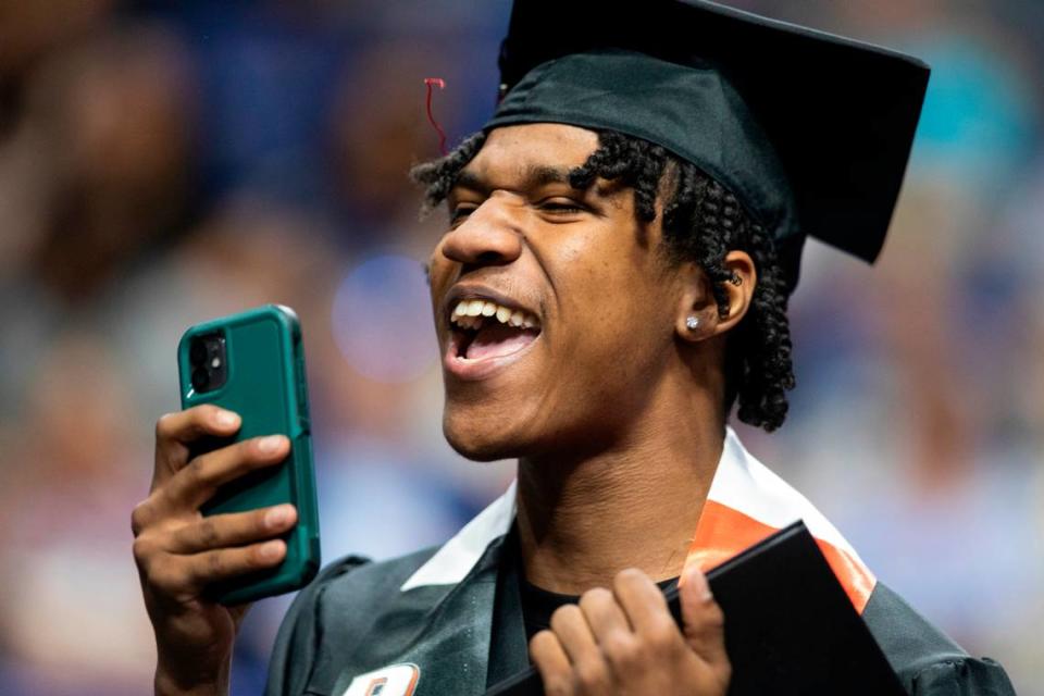 Graduates from Paul Laurence Dunbar celebrate after the school’s ceremony at Rupp Arena in Lexington, Ky., Tuesday, May 30, 2023.