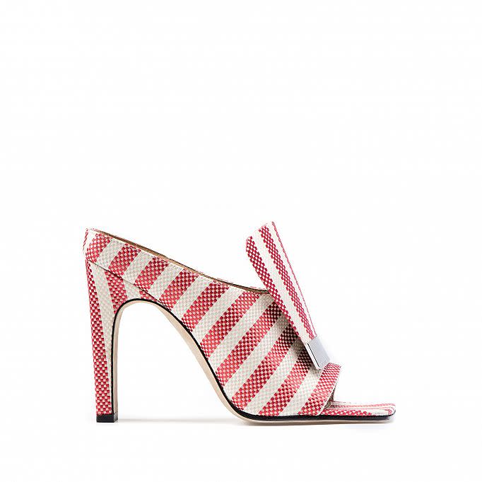 Sergio Rossi mules in poppy red-and-white striped Portofino jacquard, $695, <a href="https://www.sergiorossi.com/us-en/sr1-a77980mte121110-6011.html" rel="nofollow noopener" target="_blank" data-ylk="slk:sergiorossi.com;elm:context_link;itc:0;sec:content-canvas" class="link ">sergiorossi.com</a>