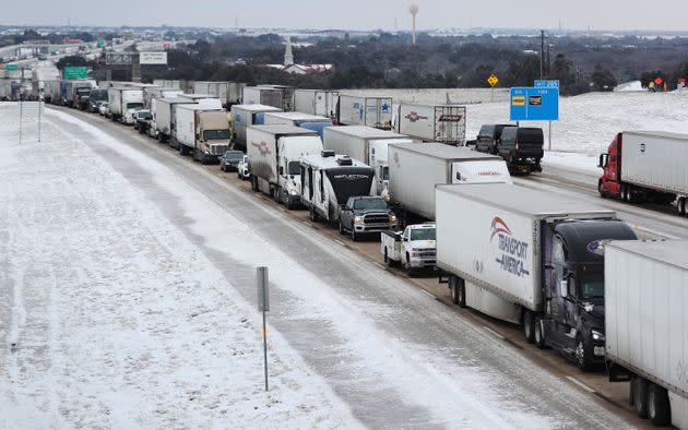 Vehicles at a standstill on Interstate Highway 35 in Texas on Feb. 18, 2021, amid historic cold weather and power outages in the state.