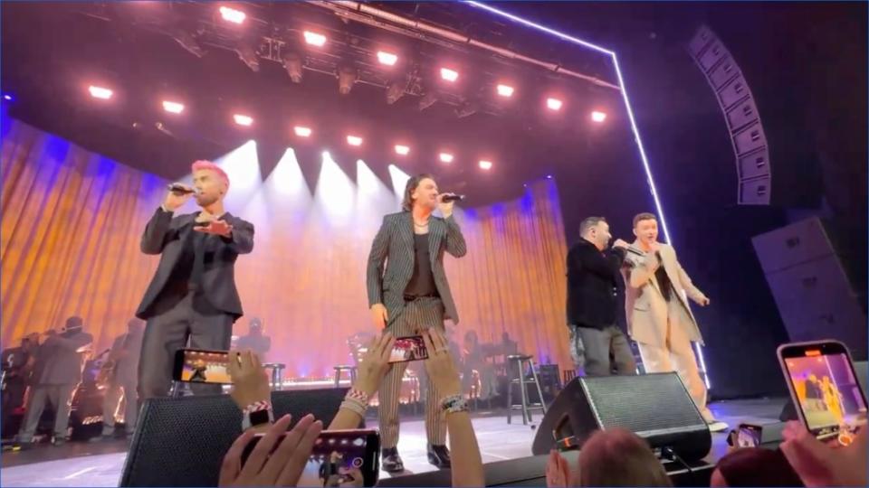 According to an Instagram story posted by Timberlake, fans were sent into a tizzy when the venue opened the stage’s curtains to reveal JC Chasez, Lance Bass, Chris Kirkpatrick and Joey Fatone, who started singing as many fans started screaming at their sudden appearance. X/itstetrisbish