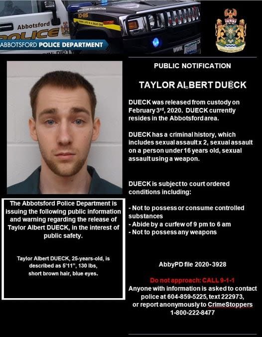 Abborsford Police Department issued a public warning about Taylor Dueck and his criminal history prior to his release in 2020.