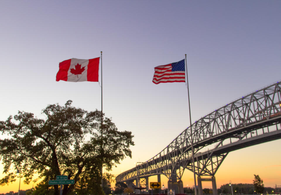 The twin spans of the Blue Water Bridges international crossing between the cities of Port Huron, Michigan and Sarnia, Ontario is one of the busiest border crossings between Canada and the United States (Getty).