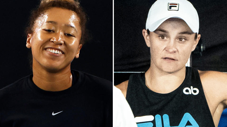 Ash Barty and Naomi Osaka, pictured here at Melbourne Park ahead of the Australian Open.