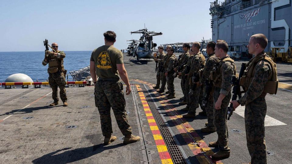 PHOTO: Maritime Special Purpose Force Marines, assigned to the 26th Marine Expeditionary Unit Special Operations Capable on the flight deck of the USS Bataan in the Mediterranean Sea, July 26, 2023. (U.S. Navy)