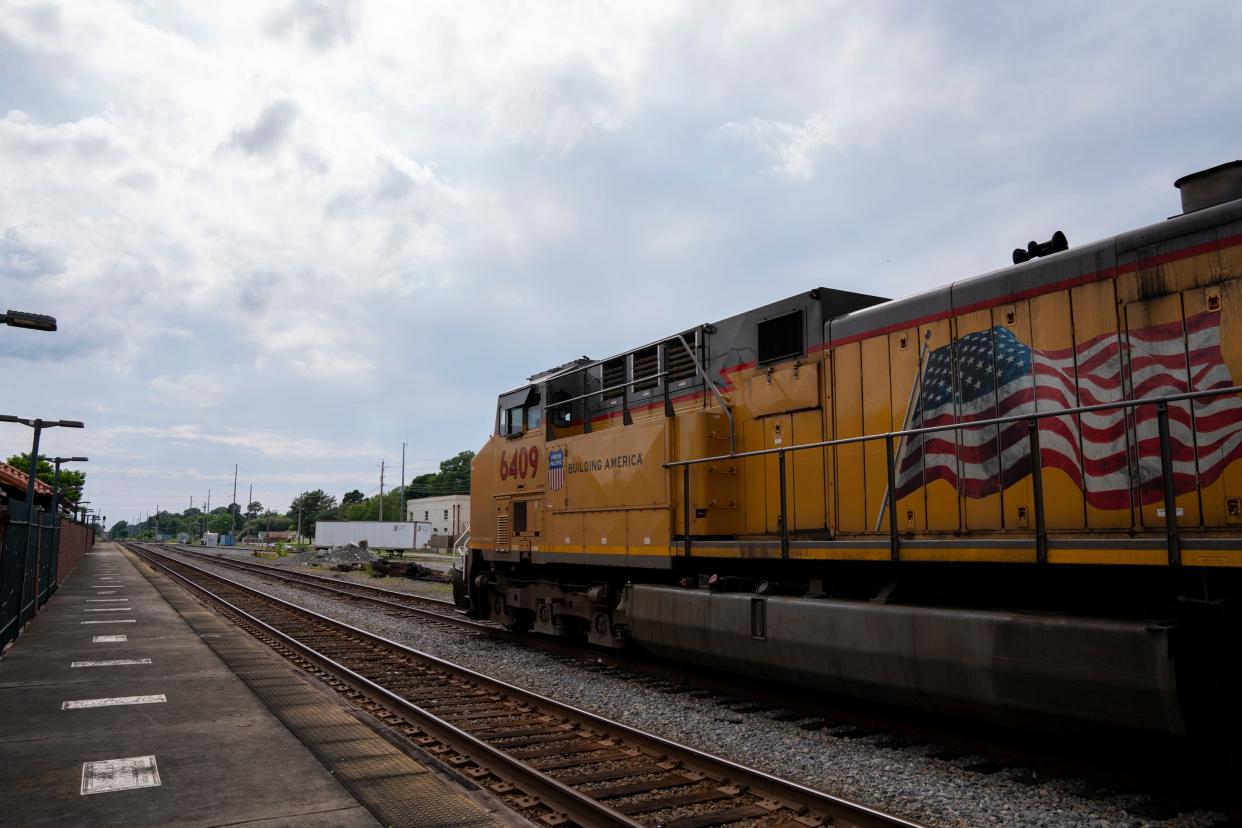 A Union Pacific locomotive rests at Hope Station in downtown Hope, Arkansas.