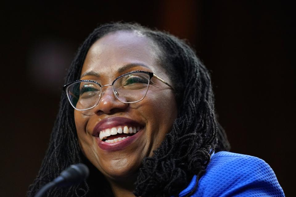 Supreme Court nominee Ketanji Brown Jackson laughs as she is questioned by Sen. Alex Padilla, D-Calif., during her confirmation hearing before the Senate Judiciary Committee on Capitol Hill in Washington, Wednesday, March 23, 2022. (AP Photo/Alex Brandon) ORG XMIT: DCAB511