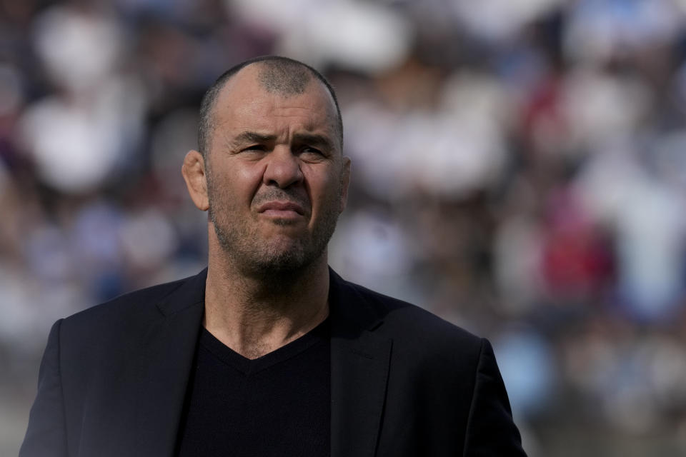 Michael Cheika, head coach of Argentina, stands on the field prior to a rugby test match against Scotland in Salta, Argentina, Saturday, July 9, 2022. (AP Photo/Natacha Pisarenko)