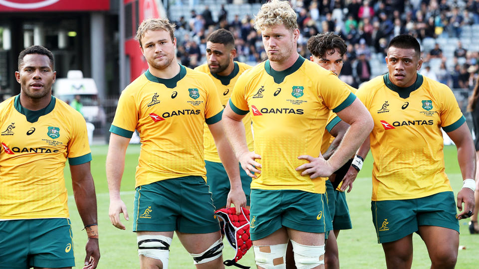 Wallabies players, pictured here looking dejected after losing the Bledisloe Cup match at Eden Park.