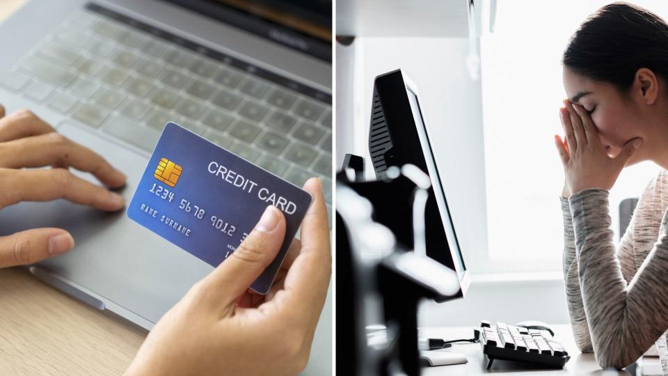 Person put credit card details into computer, woman with head in hands stares at computer in regret. 