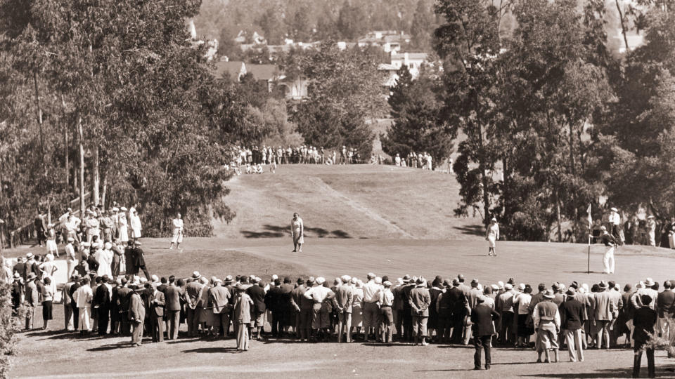 The ninth green during the 1930 US Women's Amateur Golf Championship at Los Angeles Country Club