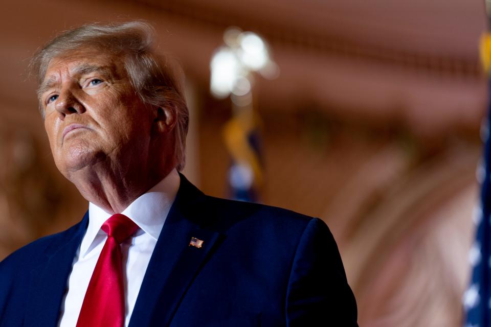 Former President Donald Trump announces he is running for president for the third time as he pauses while speaking at Mar-a-Lago in Palm Beach, Fla., Nov. 15, 2022.