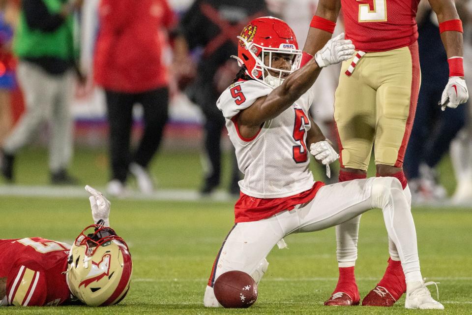 New Jersey Generals wide receiver KaVontae Turpin (5) signals a first down after a long catch against the Birmingham Stallions at Protective Stadium.